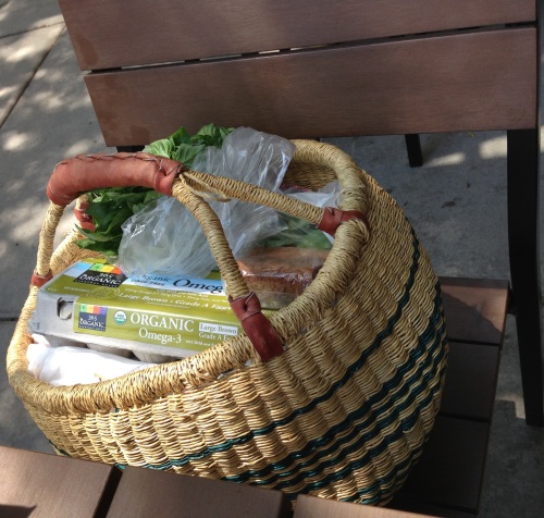 VIP treatment for these veggies at brunch: in the new market basket we bought in Santa Barbara and hanging out on a chair at brunch!